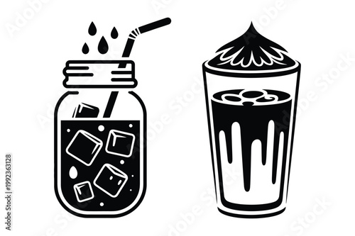 Cold drinks in mason jar and tall glass vector icons with refreshment, beverage