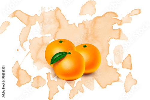 Realistic 3D render of three oranges with a leaf on a creative orange watercolor splash over white background.