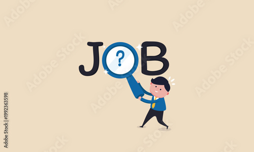 Man searching for job opportunities with a magnifying glass and question marks