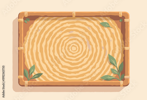 topdown flat graphic Zaru bamboo draining tray soba noodles intricate, concentric woven bamboo circles are rendered as clean, flat line art Empty tray, no food Blank space No text