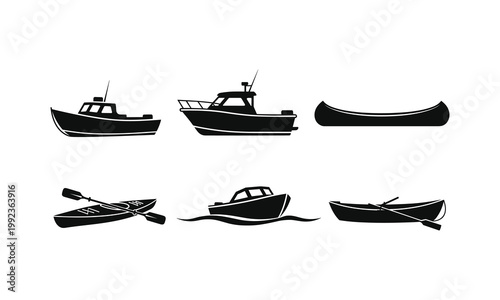 Diverse types of small boats and canoes in black and white sketches