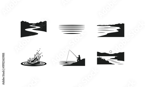 Whimsical illustrations depicting various water and nature scenes around a riverbank