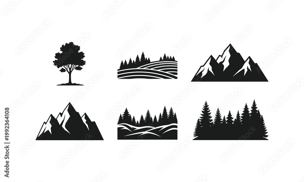 Fototapeta premium Silhouettes of nature’s diverse landscapes and elements in black and white art