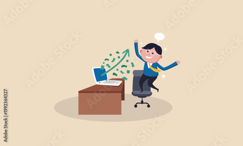 Excited businessman celebrating financial success with money flying from laptop