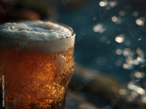 Cold beer glass with foam and bubbles closeup