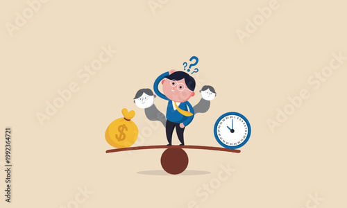 Confused businessman balancing money and time on a scale