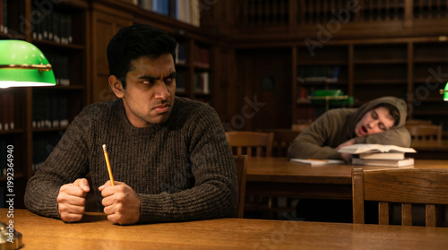 Man annoyed by student snoring in library. Angry guy irritated by sleeping classmate making noise. Academic challenge and social conflict in university study hall. Focus and concentration.