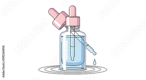 Hand-drawn essential oil bottle with dropper and lavender sprigs on watercolor background