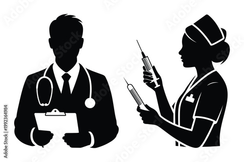 Silhouette vector illustration of a doctor with a stethoscope and clipboard