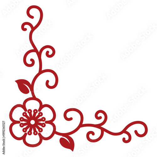Red floral corner ornament with swirling vines. Decorative element of blossoming plum or cherry, isolated on white. Vector illustration