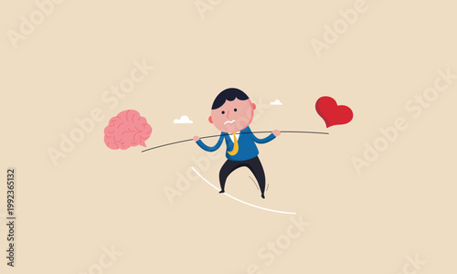 Businessman balancing intellect and emotion on a tightrope with a brain and heart