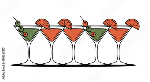 Cocktail vector illustration of five colorful martini glasses with garnishes