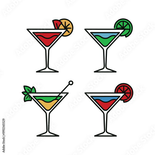 Cocktail vector icons with colorful drinks and garnishes