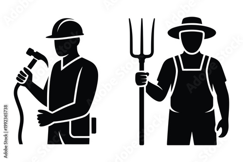 Construction worker and farmer icons with construction industry silhouette