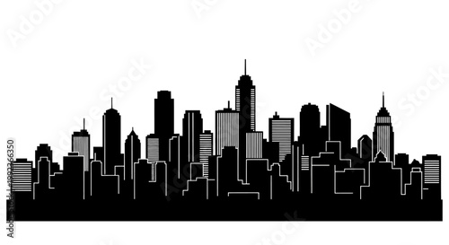 City skyline silhouette illustration with tall buildings.