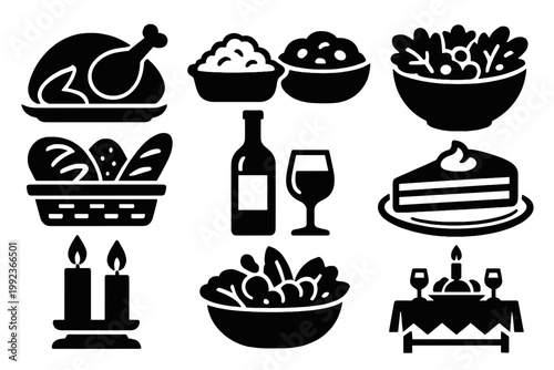 Festive Feast Icons. Holiday Feast silhouette set: roasted turkey, side dishes, salad bowl, bread basket, wine bottle, dessert plate, candles, festive table