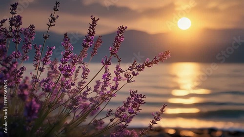 Lavender flowers silhouetted against sunset sky above water