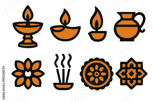 Traditional Diya Icons. Traditional Diya Set silhouette set: brass diya, clay lamp, wick flame, oil pot, flower petals, incense holder, rangoli circle, gold pattern