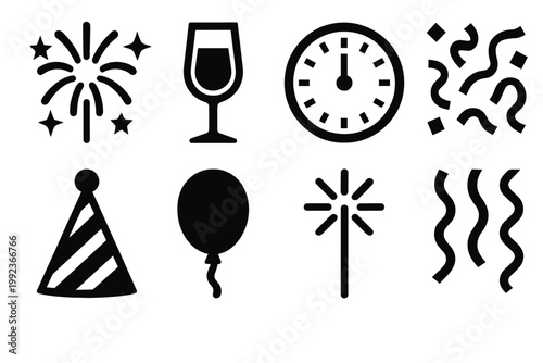 Bold New Year Icons. New Year Celebration silhouette set: fireworks, champagne glass, clock striking midnight, confetti, party hat, balloon, sparkler, streamers