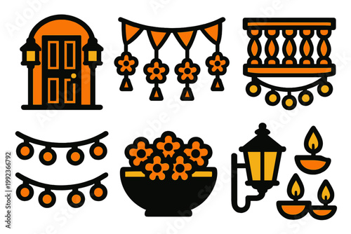 Festive Decor Icons. Festive Home Glow silhouette set: doorway lamps, hanging toran, lit candles, decorated balcony, light garland, flower bowl, wall lantern, diya cluster