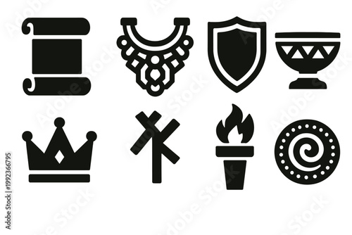 Cultural Icons Collection. Cultural Symbols silhouette set: scroll, traditional jewelry, shield, ceremonial bowl, crown, ancient script, torch flame, coin artifact