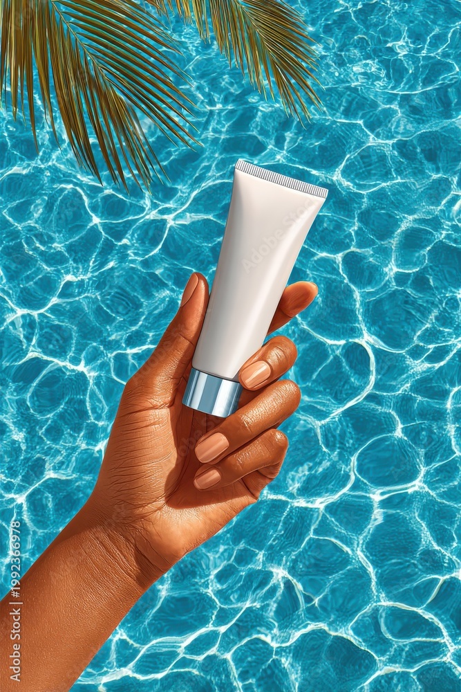 Obraz premium Hand holding white cosmetic tube over shimmering swimming pool water, summer skincare and sunscreen concept