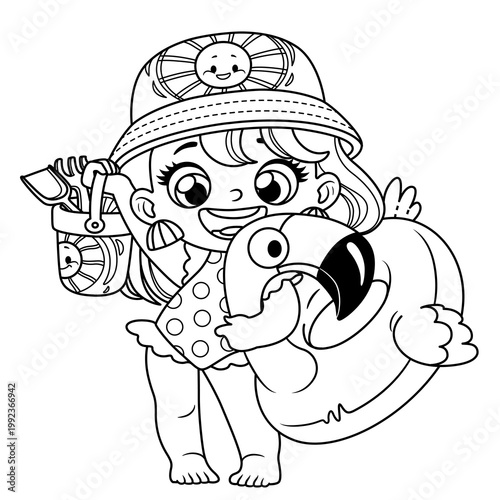 Cute cartoon girl in a swimsuit holding a swimming ring a flamingo outlined for coloring book on white background