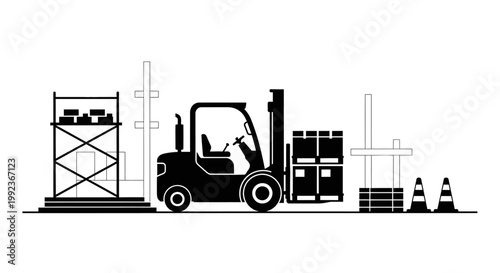 Industrial forklift with stacked pallets and cones.