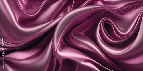 A luxurious purple and pink silk fabric background features smooth satin waves and a shiny textile texture, creating an elegant violet drapery backdrop with soft romantic curves