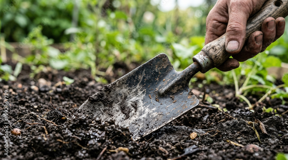 Fototapeta premium A gardener carefully working with a hand trowel in soil, showcasing dedication and care in the garden with a blurred natural background