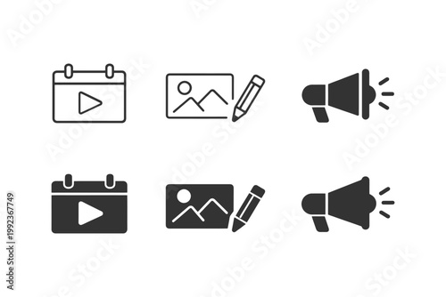 Set of six flat multimedia icons: calendar, image editing, megaphone.