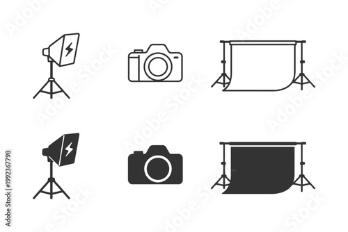 Photography equipment icons featuring camera, lighting, and backdrop.