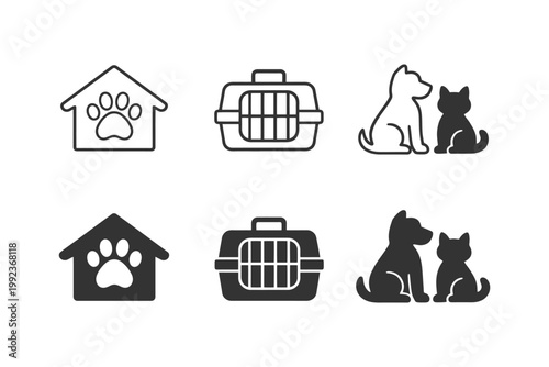 Pet icons collection featuring dog and cat silhouettes and accessories.