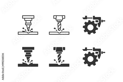 Icon set: cnc milling machines and gear mechanisms for industrial applications.