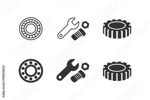 Silhouette icons set: bearings, wrench, bolts, nuts, and gear.