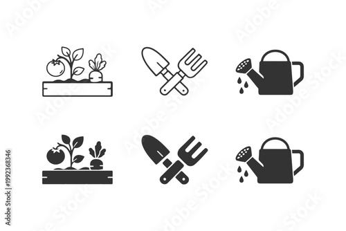 Gardening icon set with tools and plants in black and white.