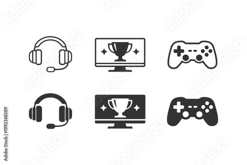 Gaming icons set featuring headset, trophy screen, and controller designs.