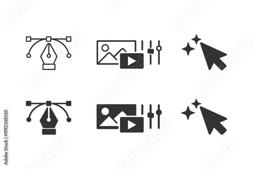 Graphic design icons set: pen tool, image editor, sparkle cursor.