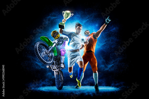 A joyful collage of several sports. Multi-sport collage depicting various sports and hobbies. Isolated on a black. Athletes on a beautiful black background with a flash of light behind them.