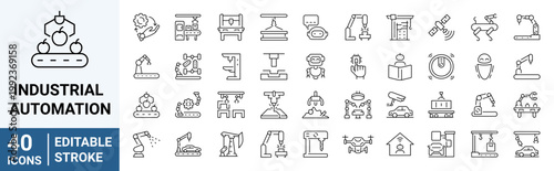 Set of 40 outline icons related to industrial automation. Linear icon collection. Editable stroke. Vector illustration