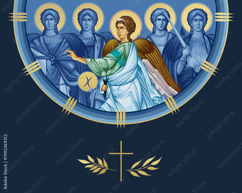 Fototapeta premium Archangel Gabriel and four cardinal points. Illustration in Byzantine style isolated