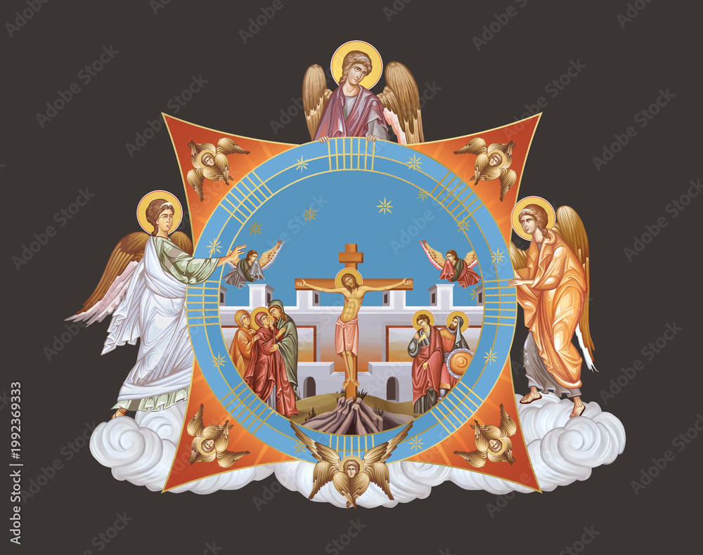 Fototapeta premium Good Friday. Illustration in Byzantine style with angels and seraphim