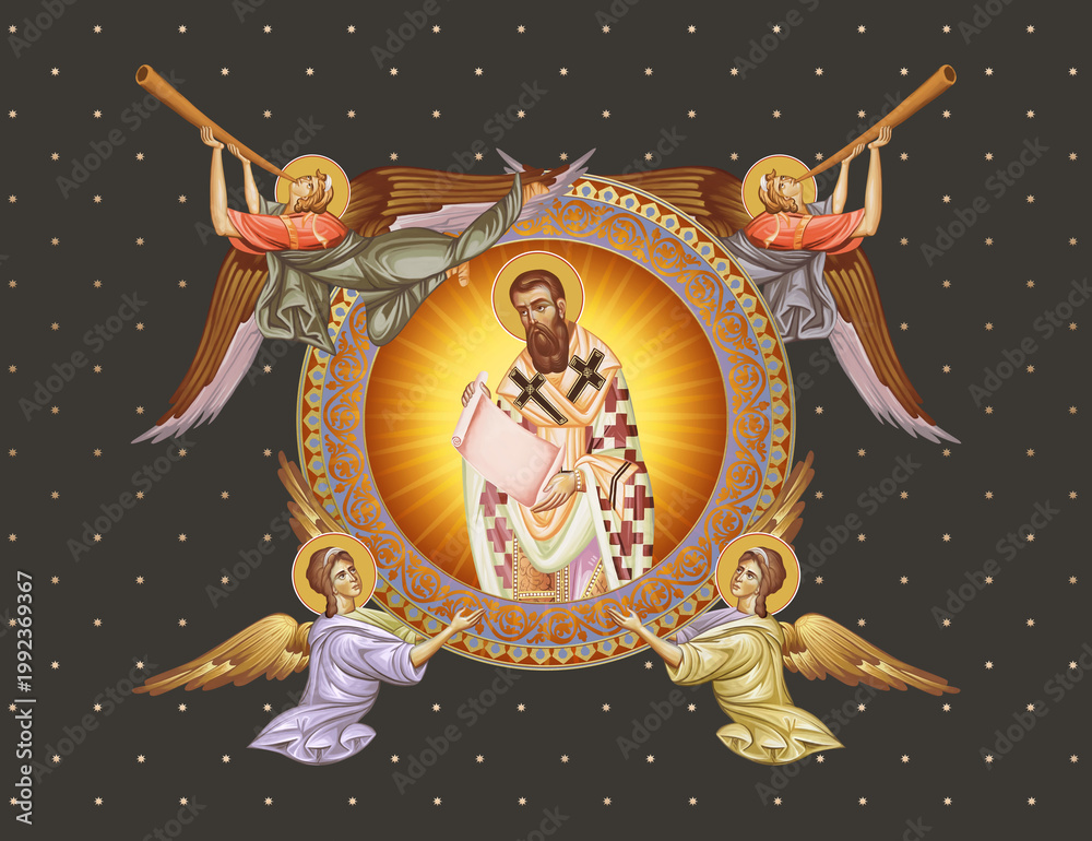 Fototapeta premium Gregory Palamas. Decorative vintage illustration with angels in Byzantine style