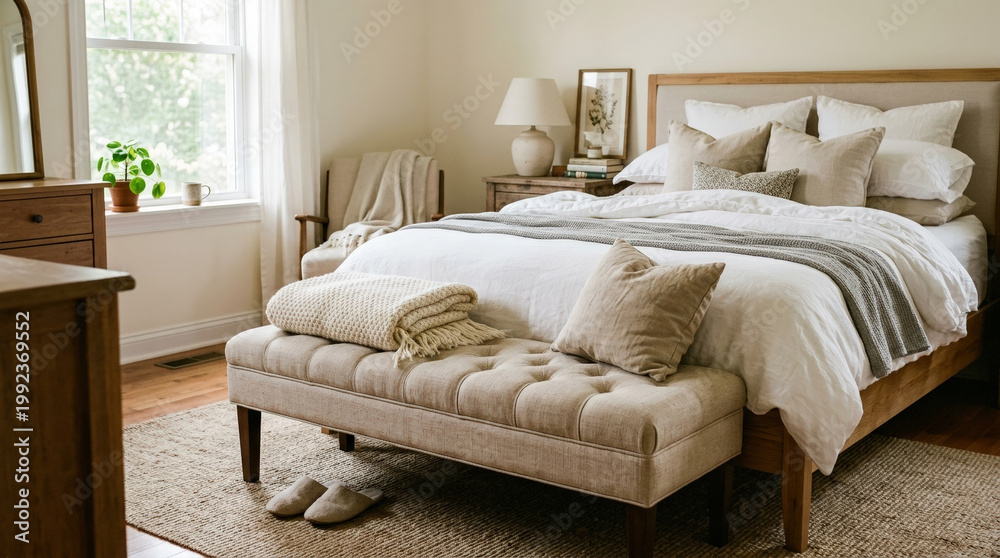 Fototapeta premium Cozy Bedroom with Soft Textiles and Natural Light for Home Decor Blogs, Interior Design Websites, Lifestyle Articles, and Home Improvement Content