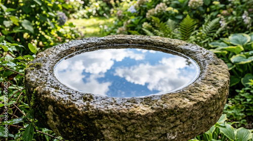 Stone Birdbath Reflecting Blue Sky and Clouds Surrounded by Lush Garden for Nature Blogs, Landscape Photography Websites, Outdoor Decor Ideas, and Gardening Resources