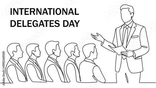 international delegates day line art illustration with speaker addressing audience representing diplomacy global cooperation and leadership concept minimal vector design for conference awareness post