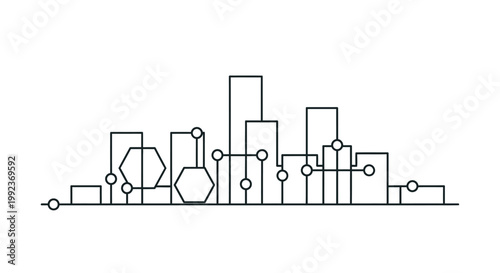 A futuristic cityscape with geometric shapes and lines.