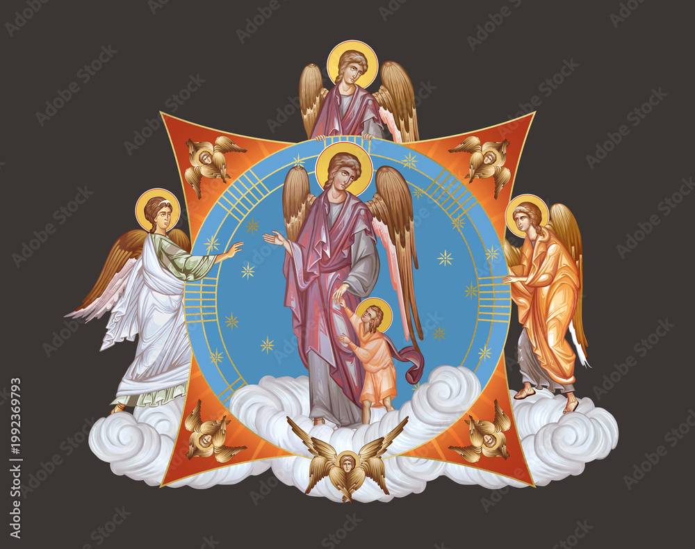 Fototapeta premium Guardian angel with a kid. Illustration in Byzantine style with angels and seraphim