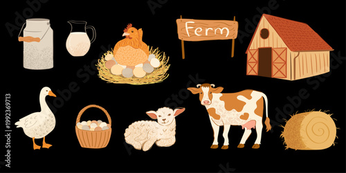 Traditional set of farm scenes with a barn, dairy products, and livestock. Milk can, egg basket, cow, and sheep. Vector illustration of rural lifestyle on black background.