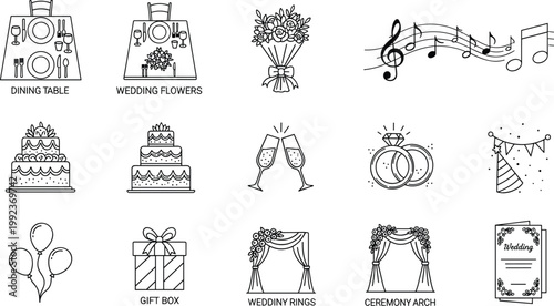 Wedding Celebration Icon Set Featuring Cakes, Flowers, Rings, Gifts, and Ceremony Elements for Marriage and Event Graphic Designs
